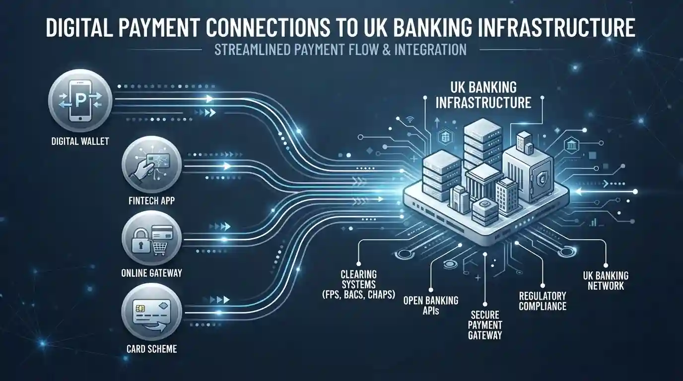 Four payment provider logos arranged on clean background with UK banking infrastructure connections