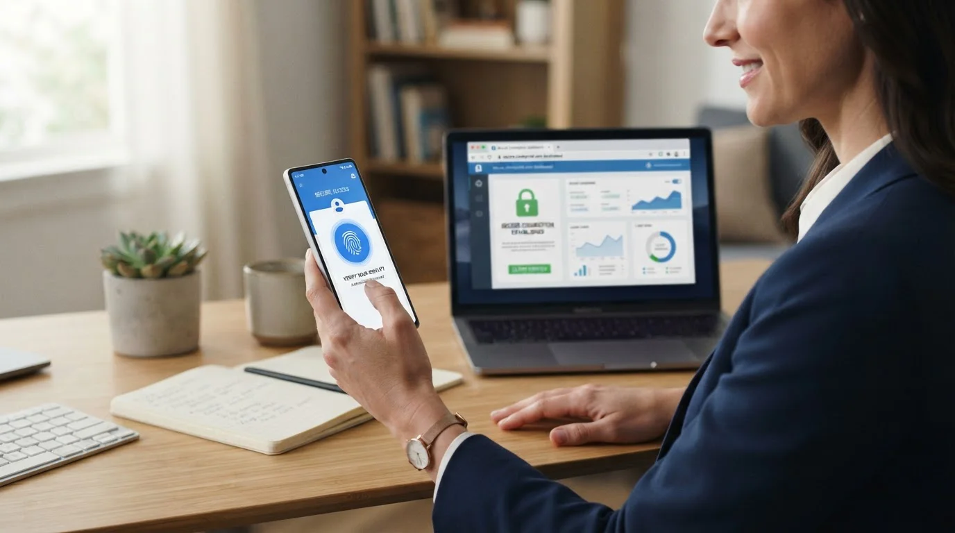 Smartphone showing banking app authentication with biometric fingerprint for Open Banking verification