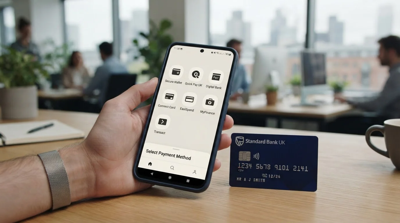 Smartphone displaying multiple payment apps with debit card for UK casino deposits