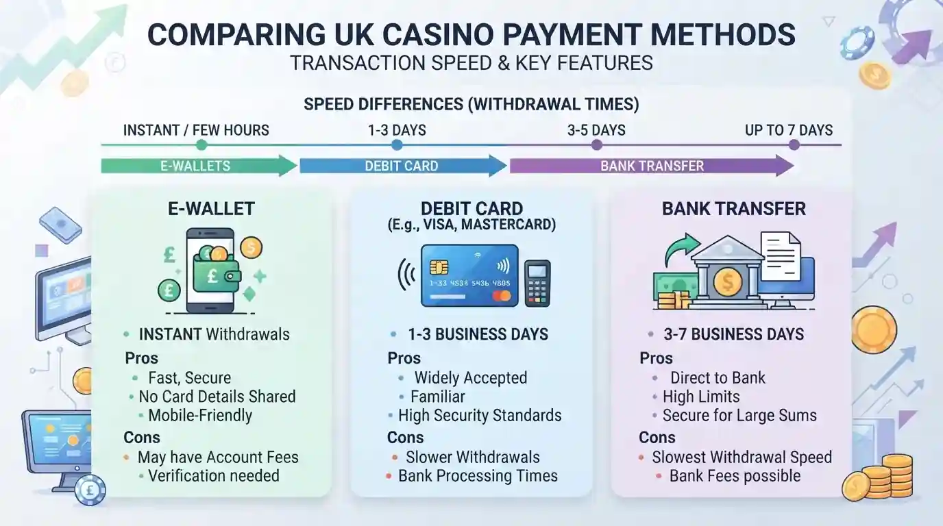 Infographic comparing payment methods with icons and speed indicators