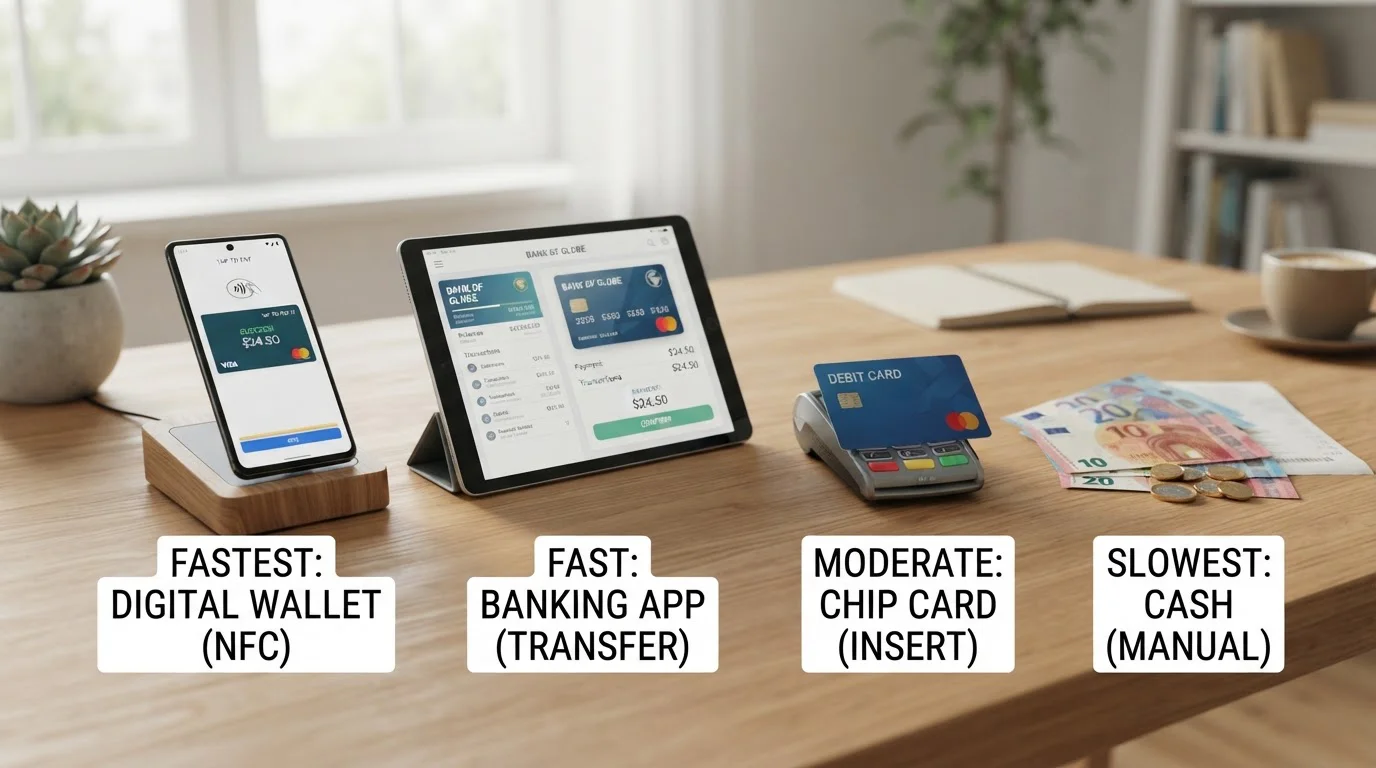 Payment method comparison with speed indicators arranged on desk