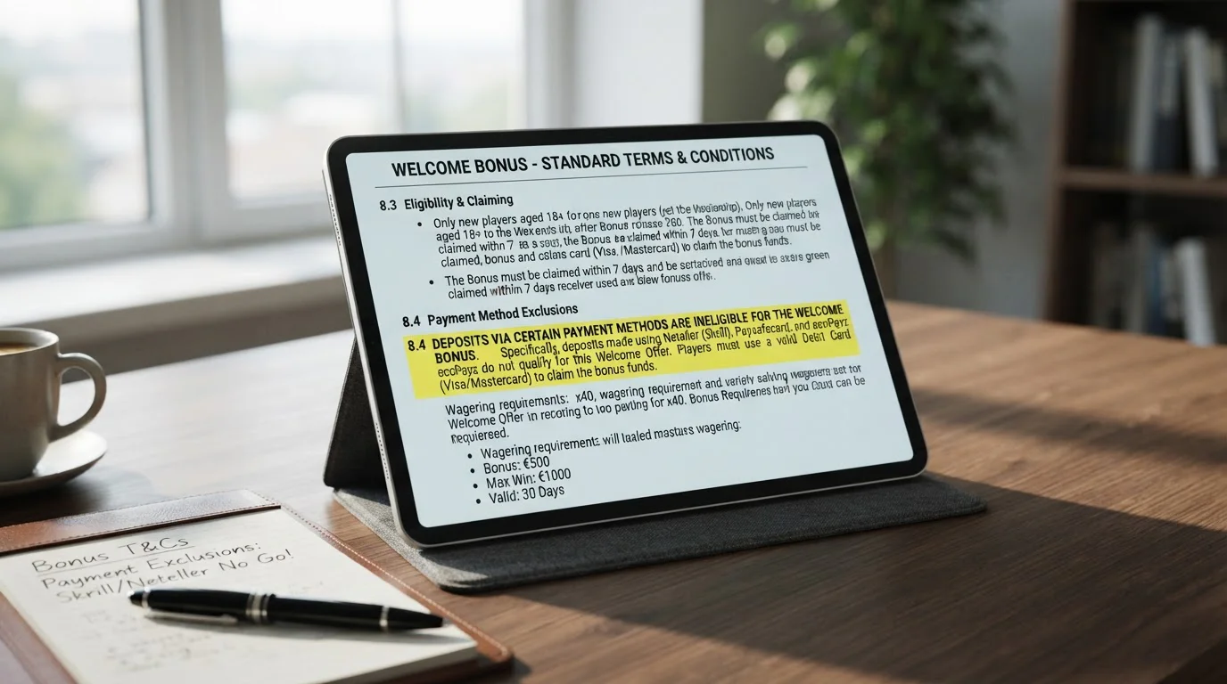 Welcome bonus terms document highlighting payment method exclusions