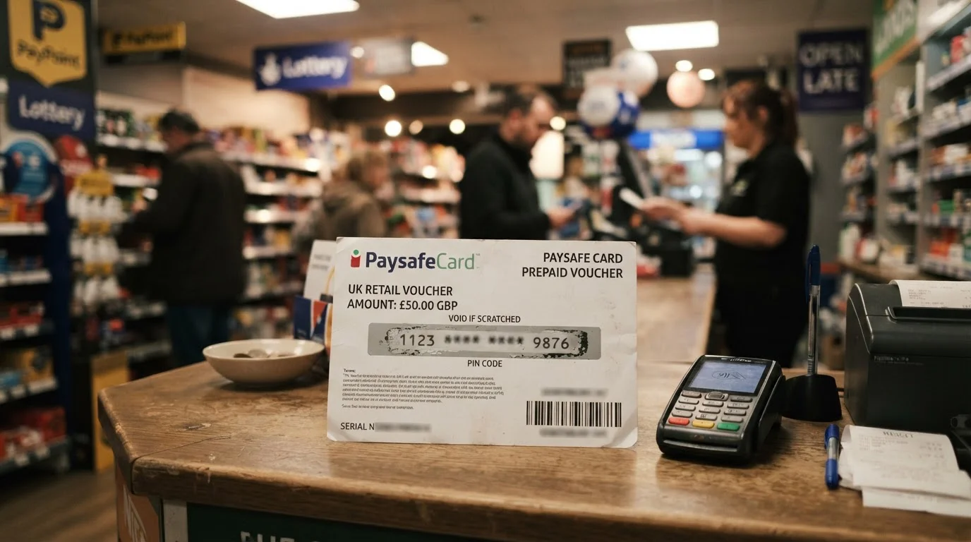 PaysafeCard voucher with 16-digit PIN code at retail counter
