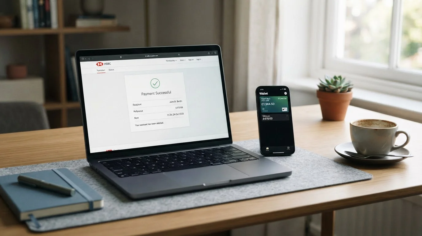 UK casino withdrawal confirmation on laptop with smartphone showing digital wallet