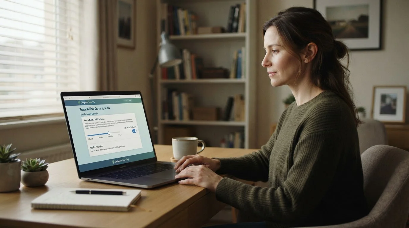 Person at desk viewing responsible gambling tools and self-exclusion controls on computer screen