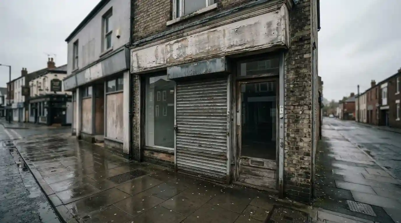 Closed shop unit with an old sign still above the door