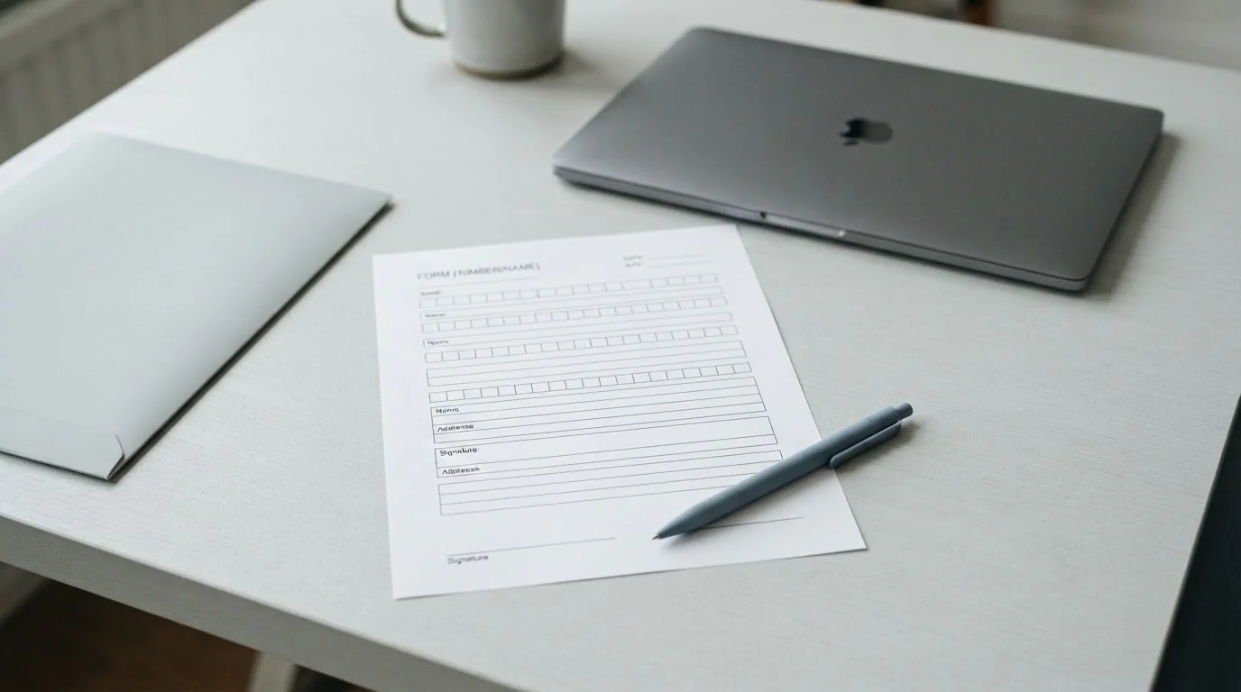 Blank identity verification form on a desk next to a closed laptop