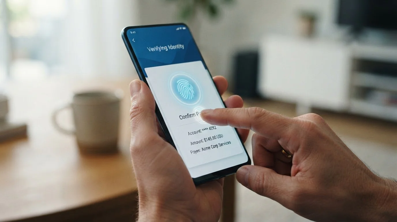 Smartphone screen showing biometric authentication for secure open banking payment confirmation