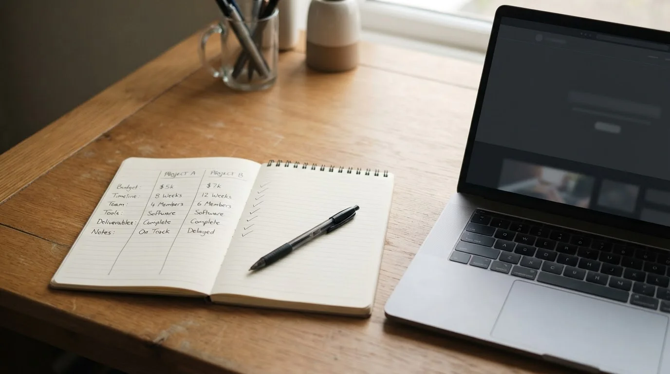 Open notebook with handwritten comparison notes beside a laptop showing a neutral casino lobby