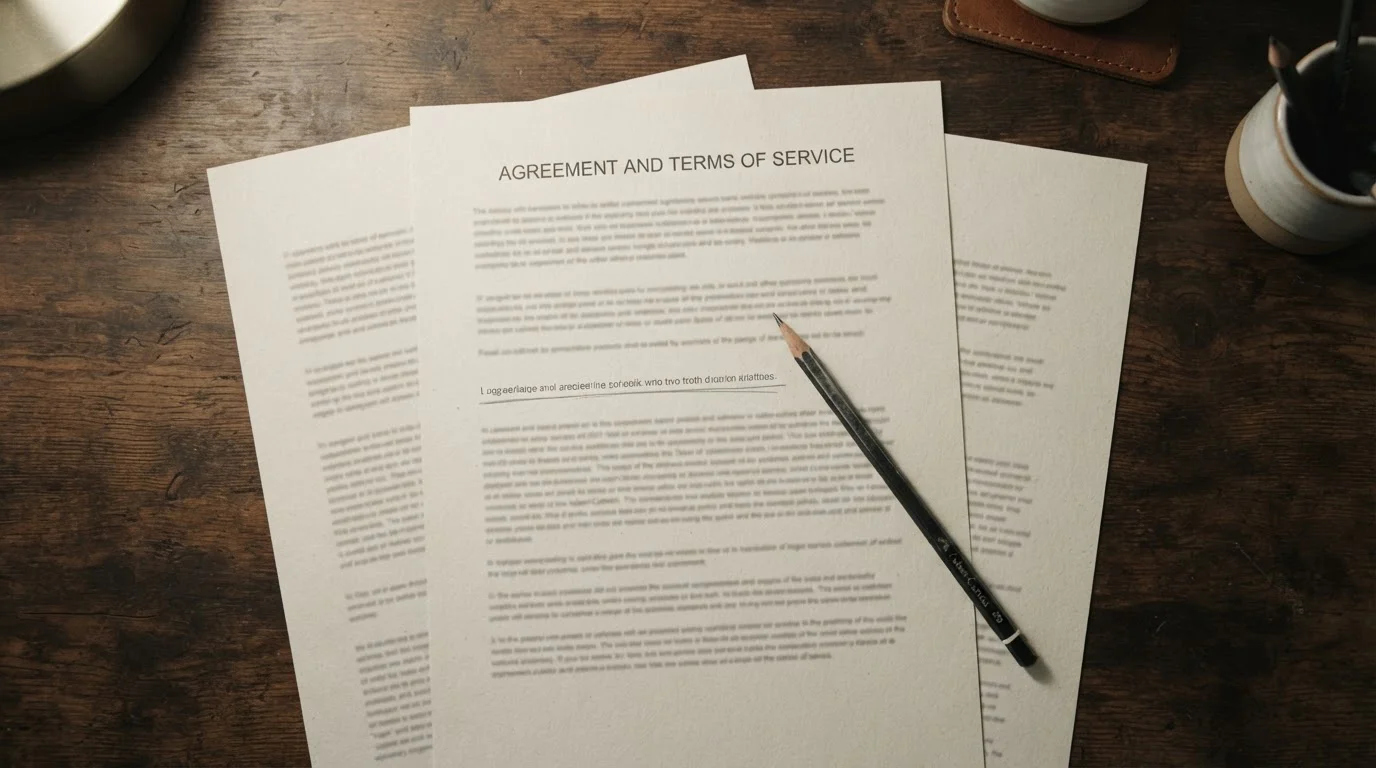 Printed terms and conditions document with one clause marked in pencil on a wooden desk