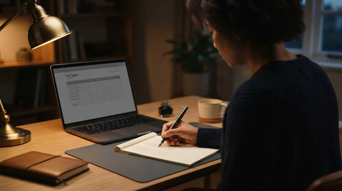 Person writing figures on a notepad beside an open laptop showing a plain fee schedule