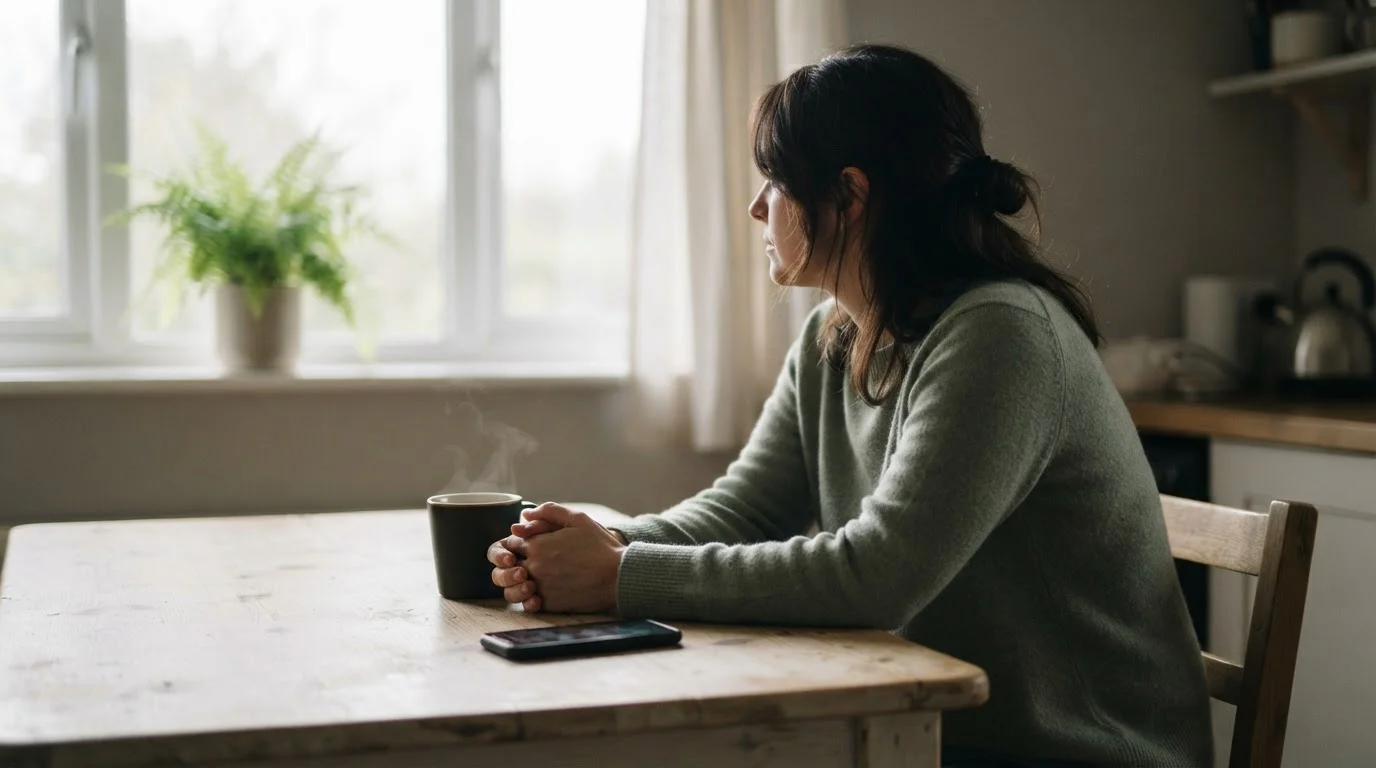 Person sitting at a kitchen table with a phone face down beside a mug of tea
