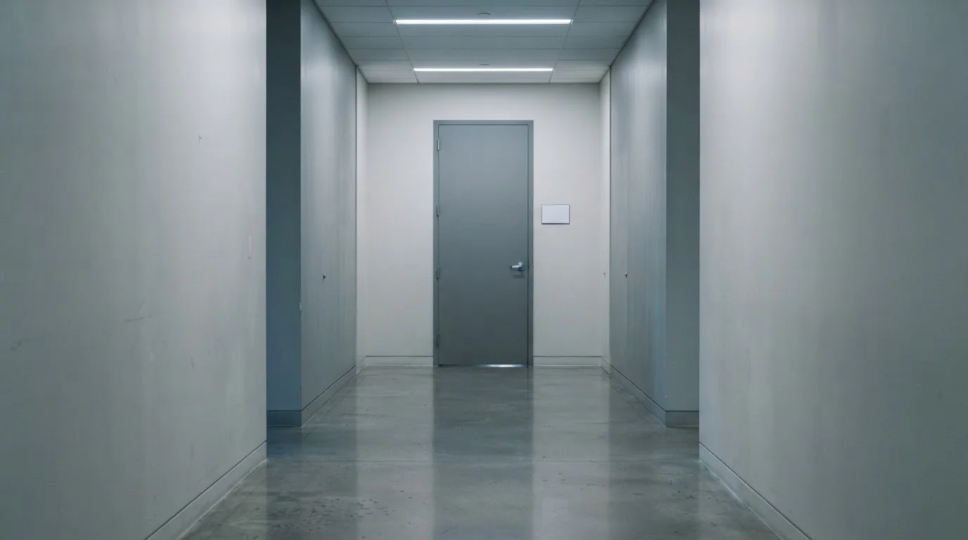 Closed office door with a plain do-not-enter sign in a quiet corridor