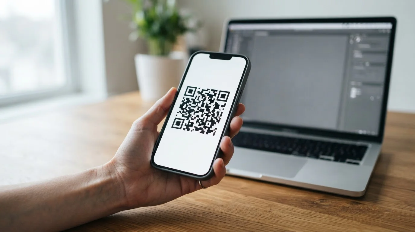 Hand holding a phone displaying a QR code next to an open laptop on a wooden desk