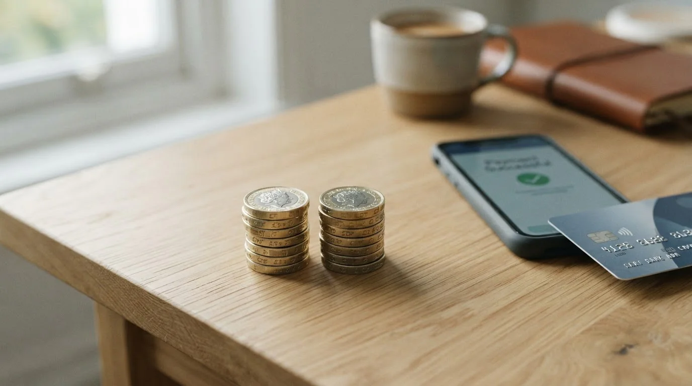 Ten pound coins stacked with debit card showing standard deposit tier
