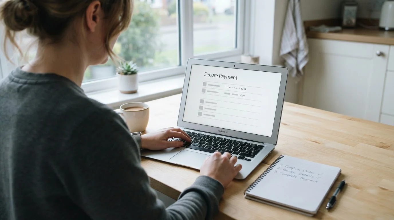 Checking the published payment methods list of a UK online casino on a laptop