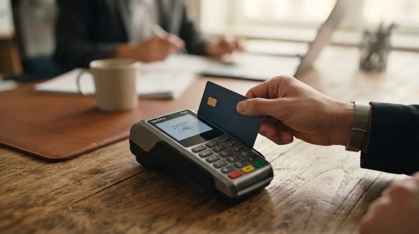 Debit card inserted into chip reader for secure casino deposit