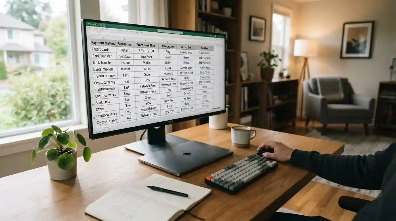 Desktop computer showing comparison table of UK casino payment methods and withdrawal speeds