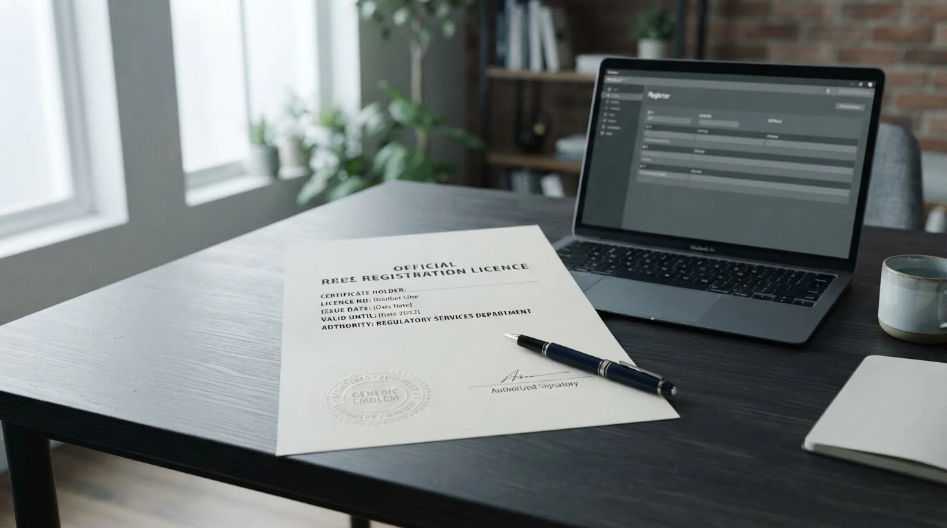 Neutral licence document with an official stamp on a tidy desk