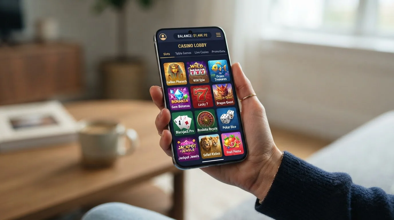 Modern smartphone displaying casino app interface with game selection and account balance