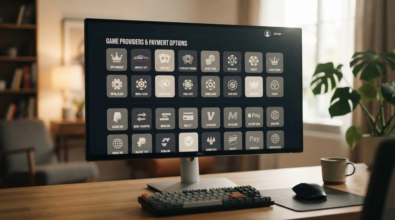 Desktop screen displaying multiple UK casino logos and payment method icons