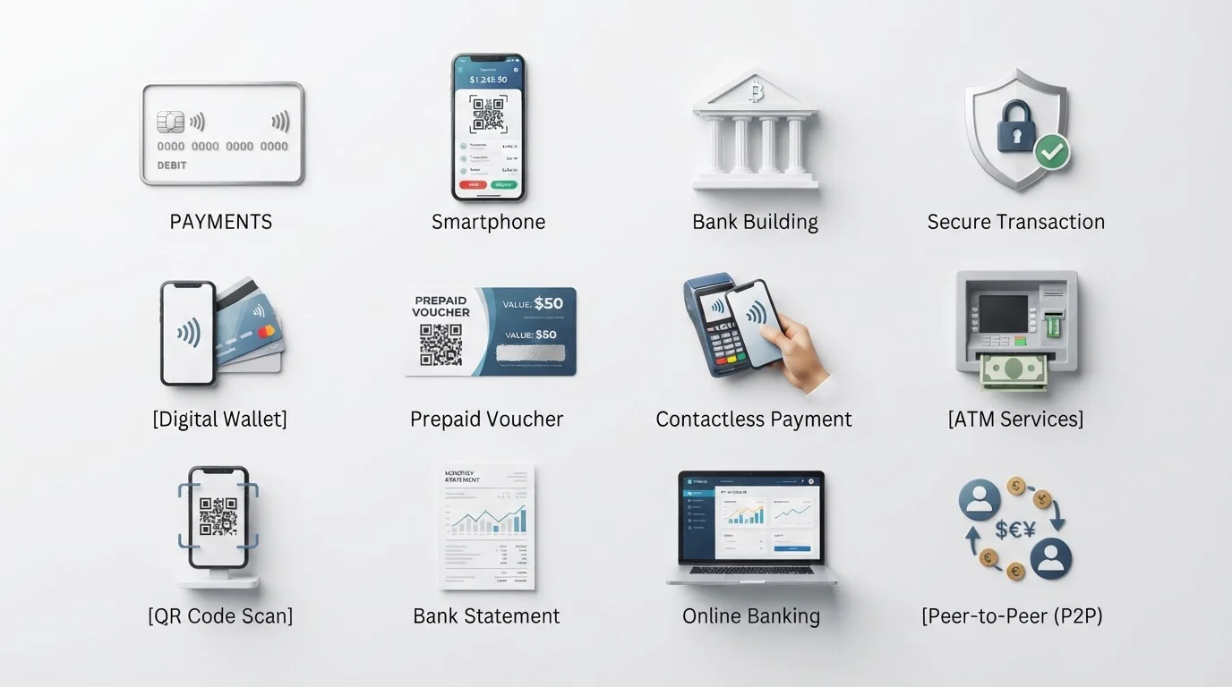 Organized grid of modern payment method icons including cards, smartphones, and bank symbols
