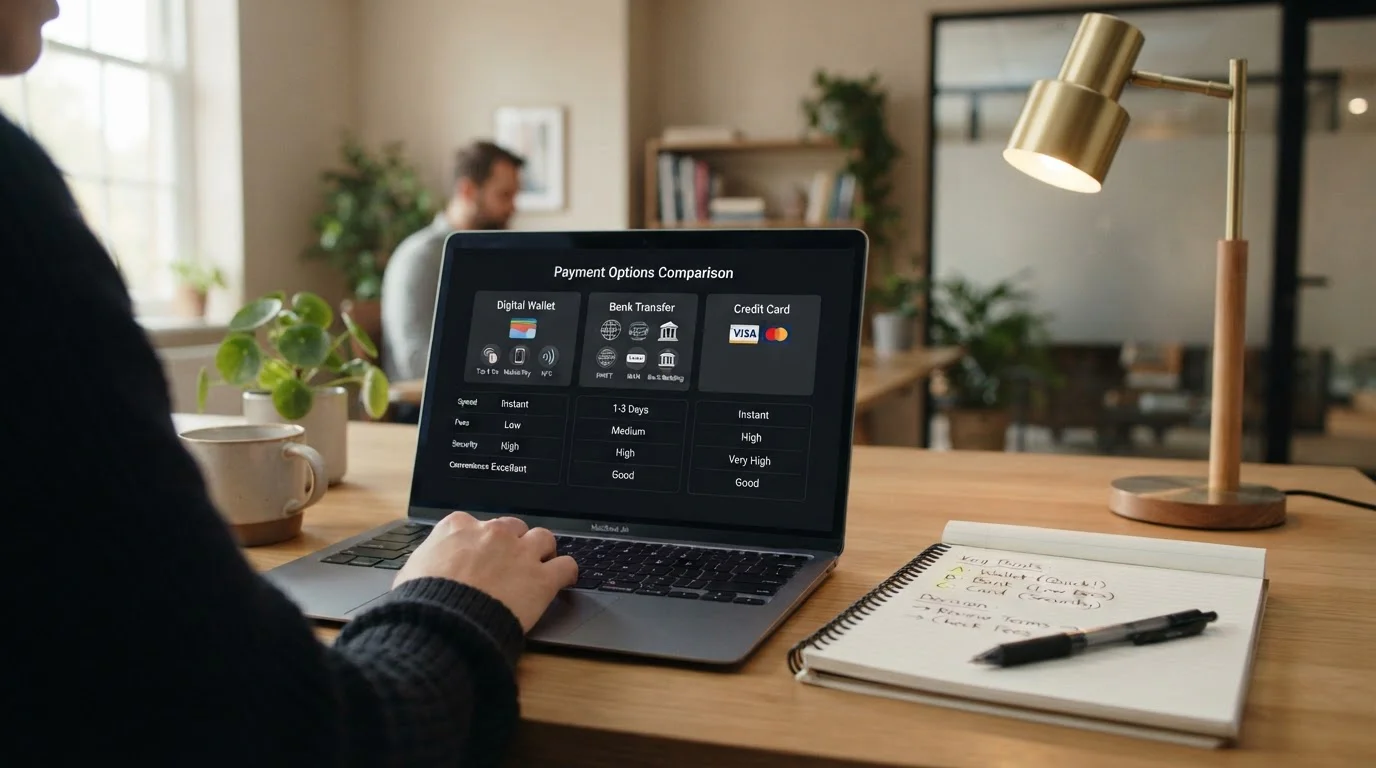 Laptop screen showing payment method comparison interface with notepad and pen