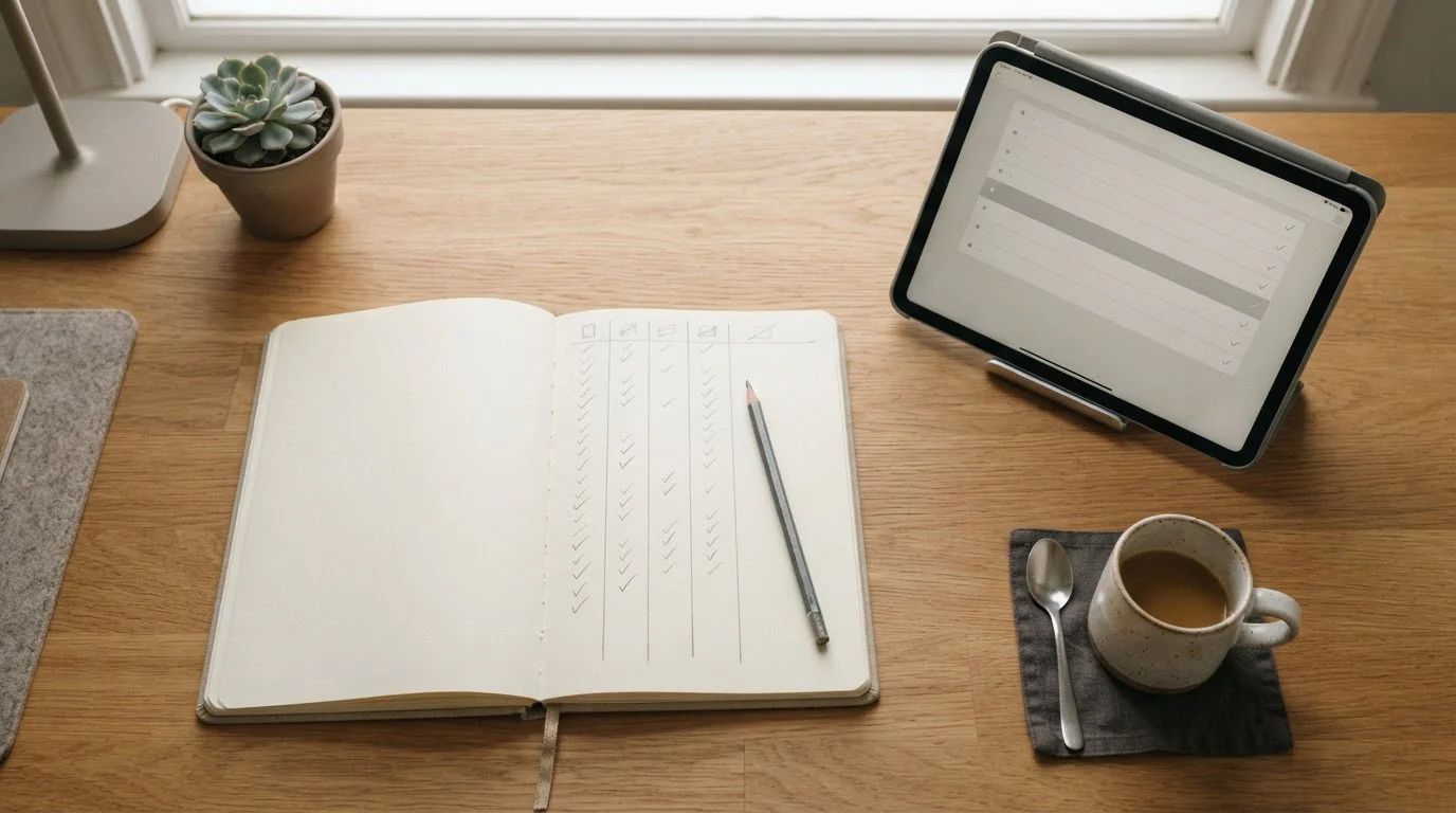 Notebook comparison grid beside a tablet listing casino payment options