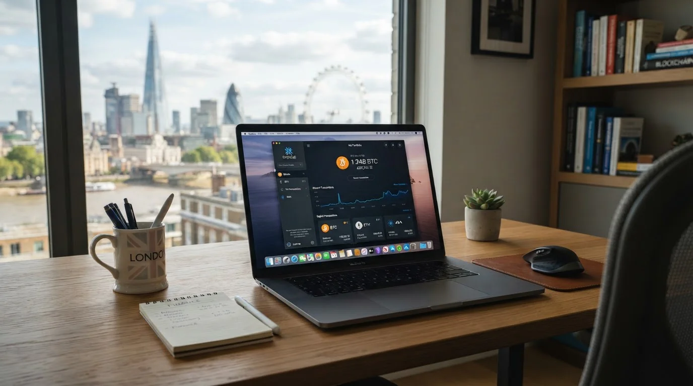 UK crypto casino scene with Bitcoin and digital wallet on laptop screen