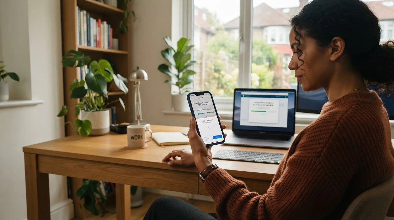 Smartphone showing open banking authentication with laptop in background