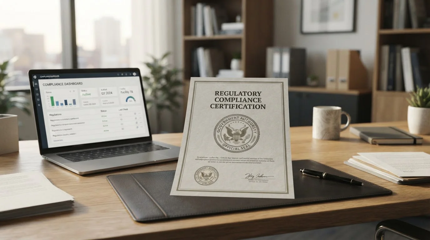 Official document with government seal and regulatory compliance interface on laptop