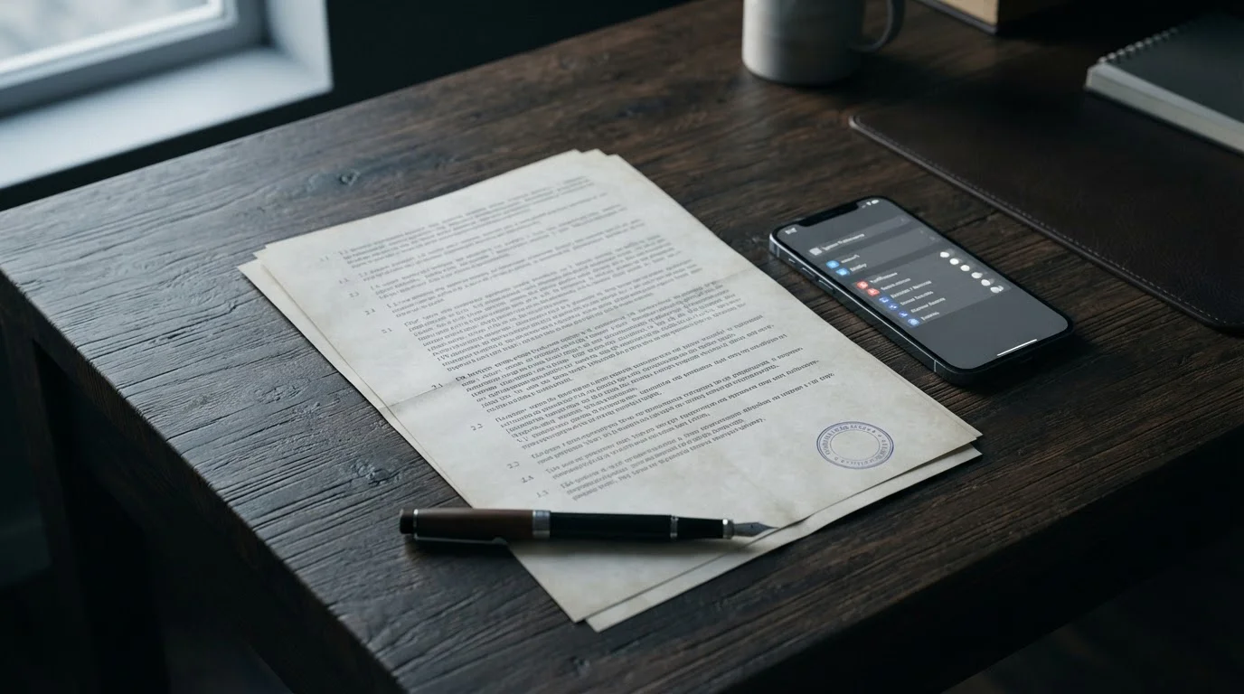 Neutral regulatory document with an official stamp beside a smartphone showing a payment settings screen