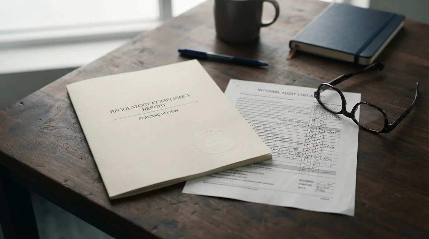 Plain regulatory document on a desk with a compliance checklist and reading glasses
