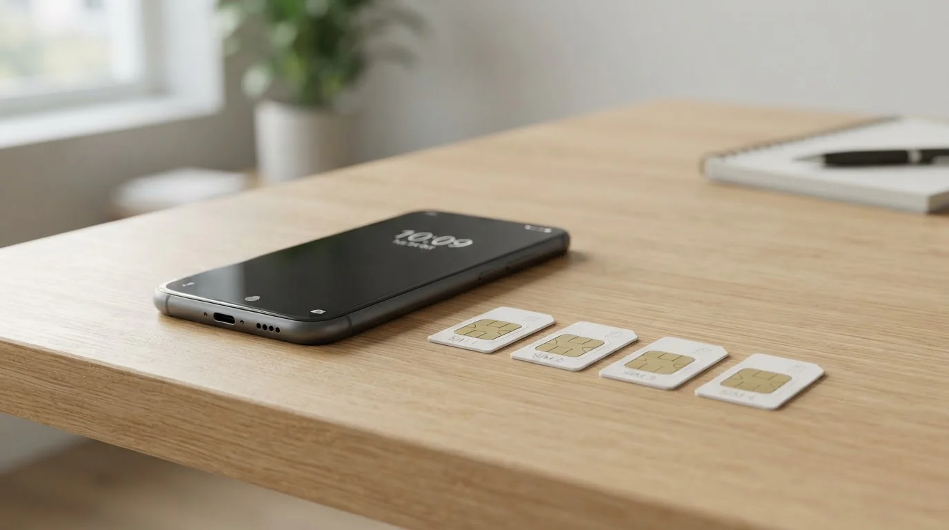 Four UK mobile network provider SIM cards arranged on desk with smartphone