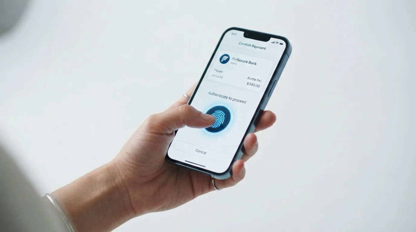 Modern smartphone showing open banking payment authentication with biometric security