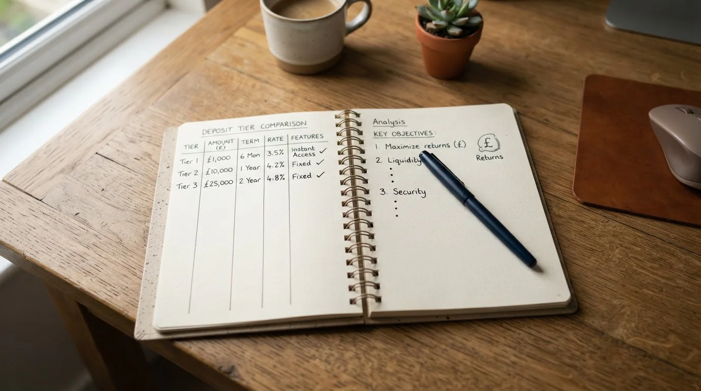 Notebook comparing UK casino deposit tiers with checkmarks and notes