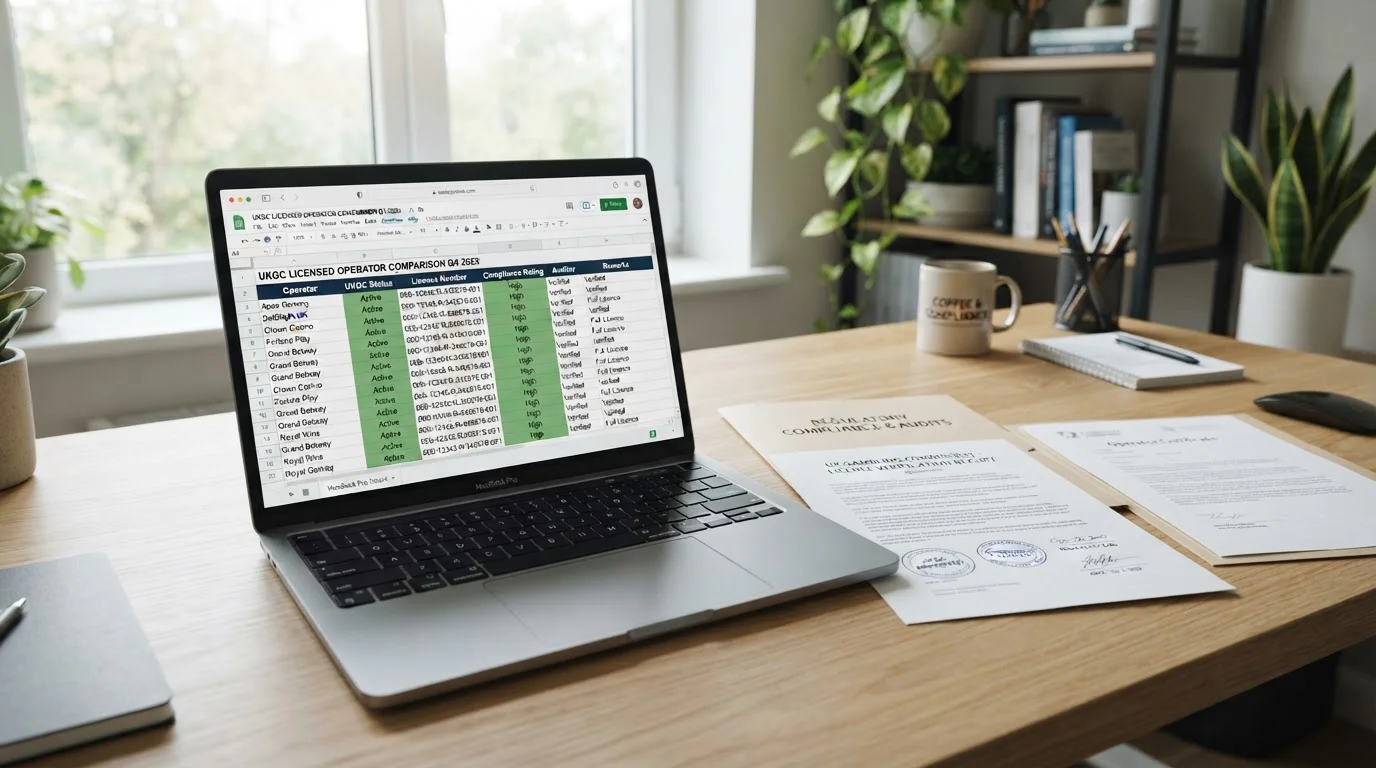 Laptop displaying casino operator comparison with UKGC licence verification documents