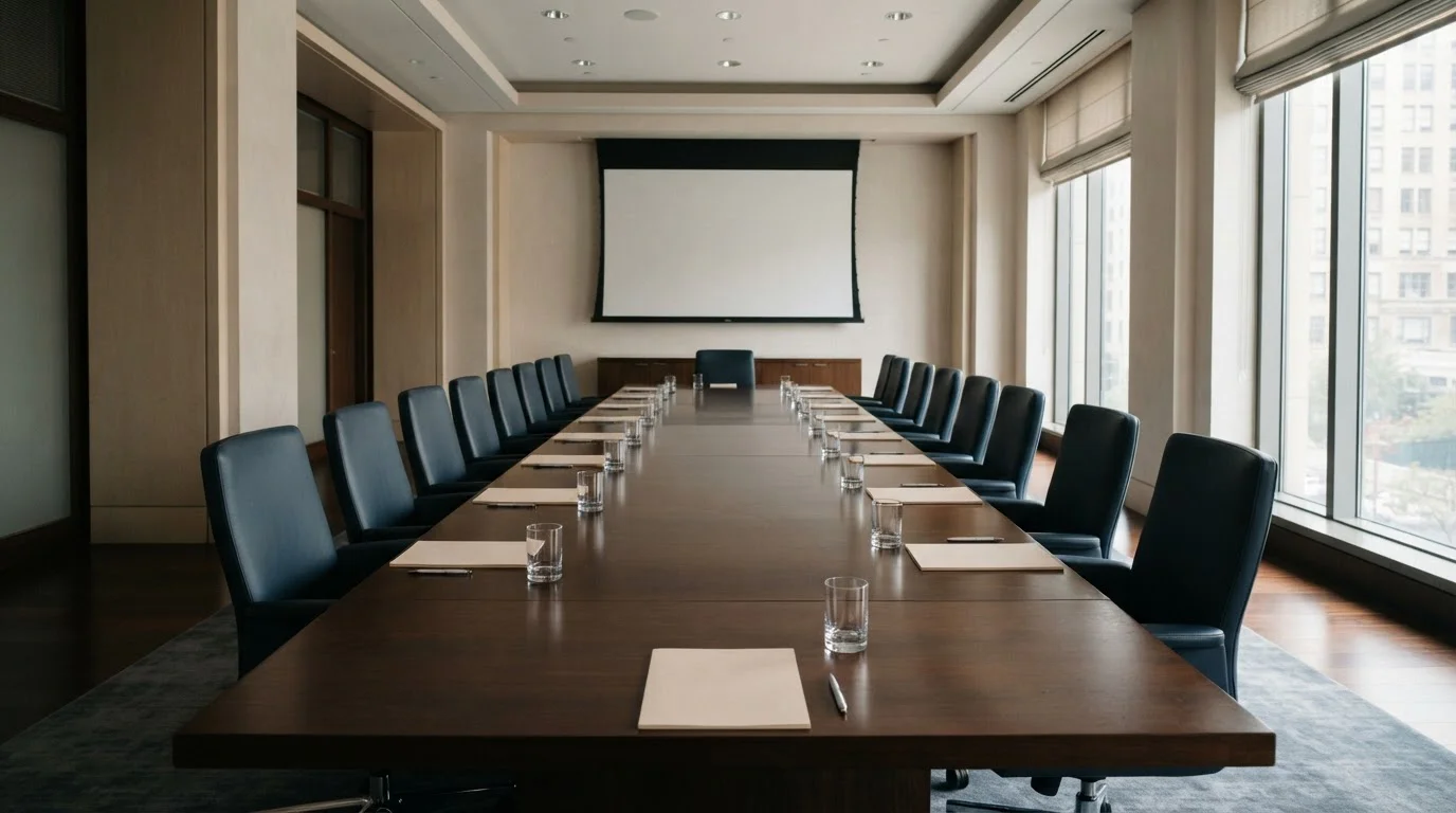 Empty conference room with chairs around a long table and notepads set out