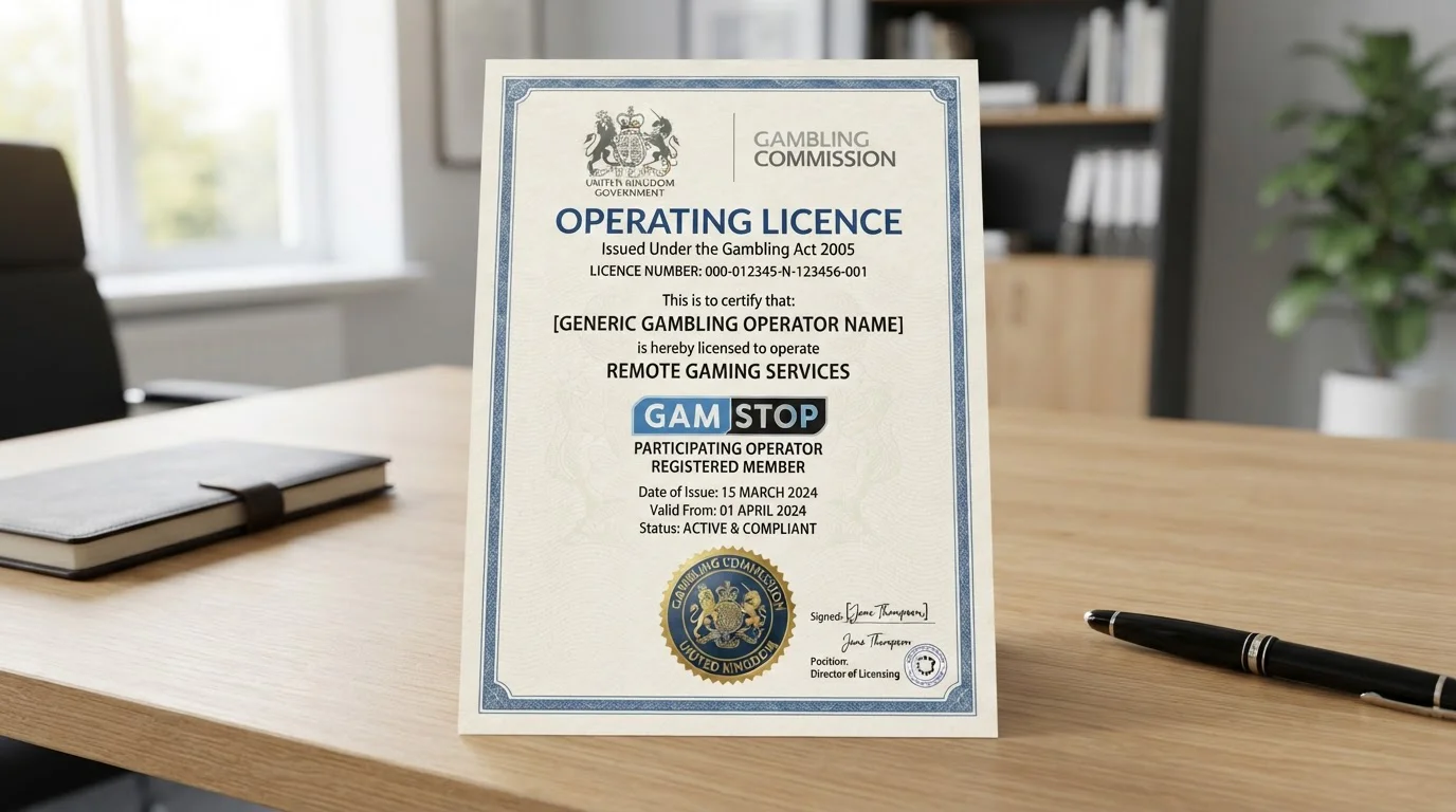 Document showing UKGC licence certificate with GAMSTOP logo