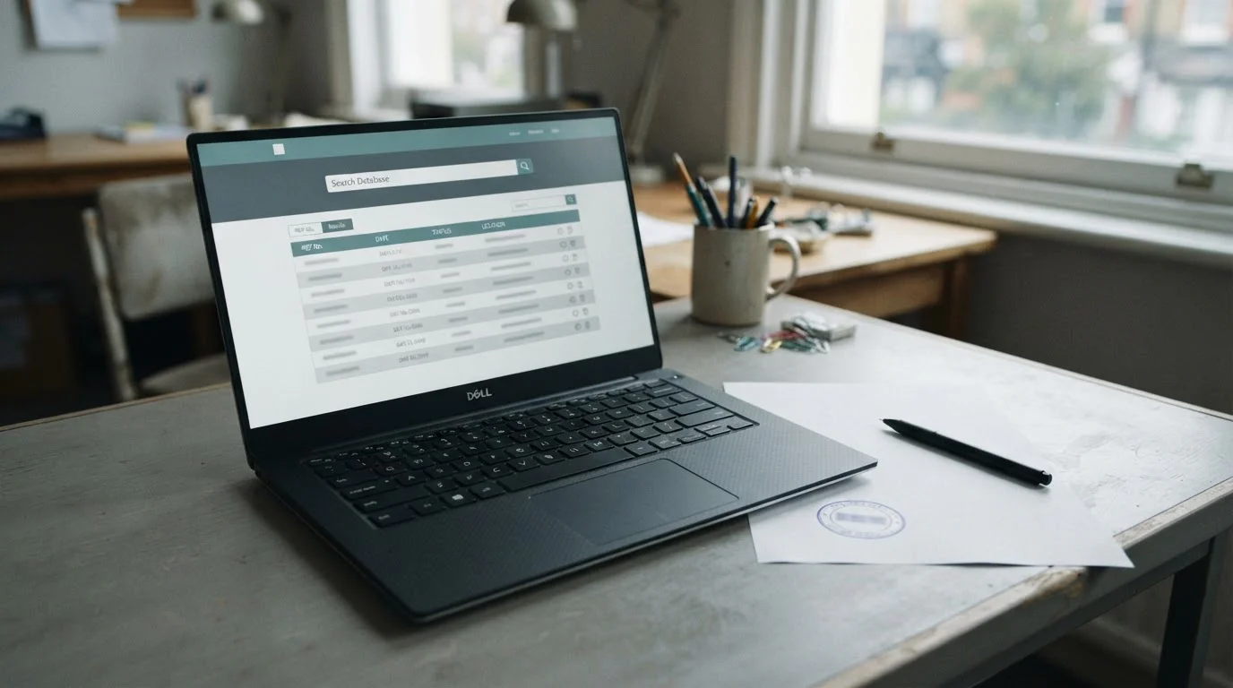 Laptop showing a plain public register search result listing a company name and account number
