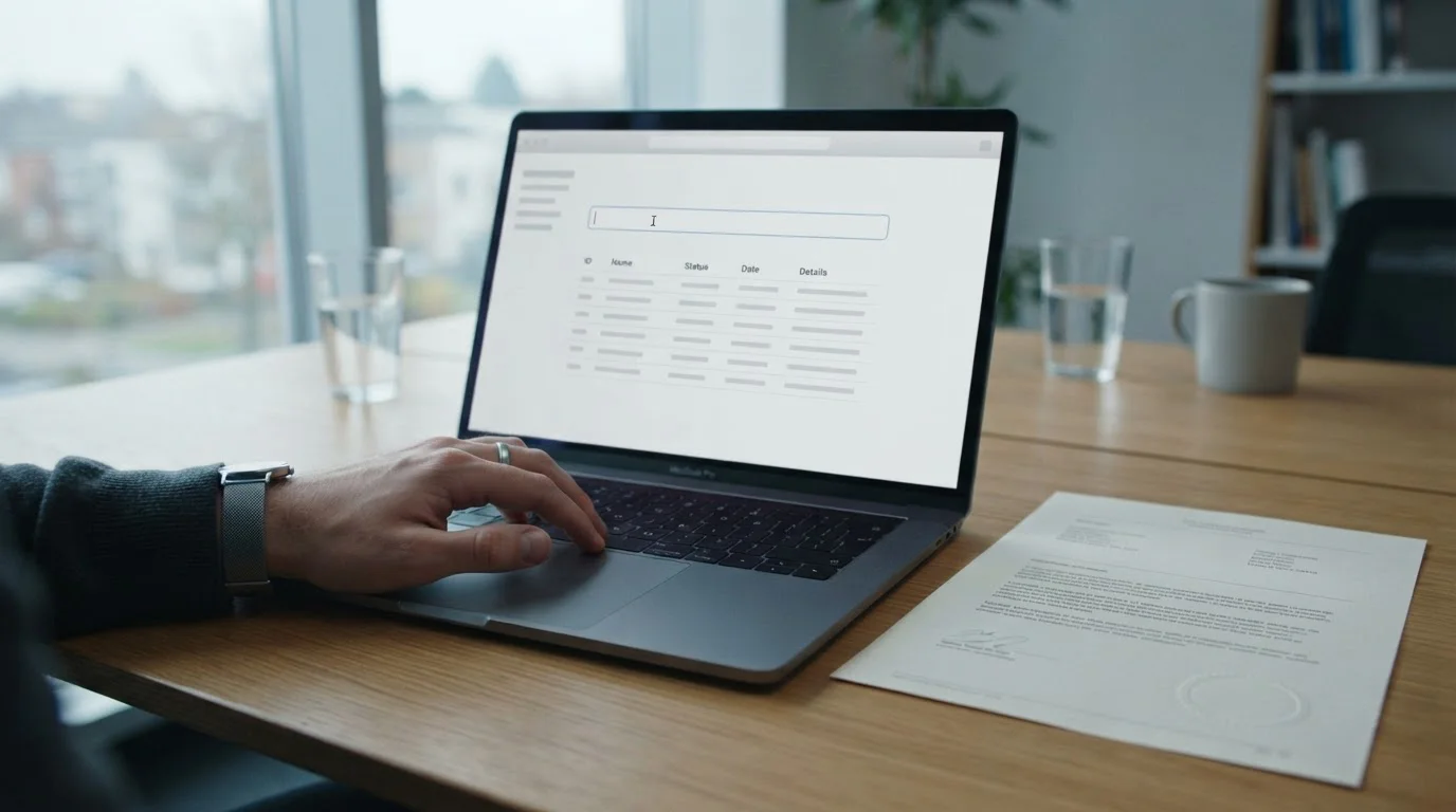 Hand searching a public licence register on a laptop beside a printed company record