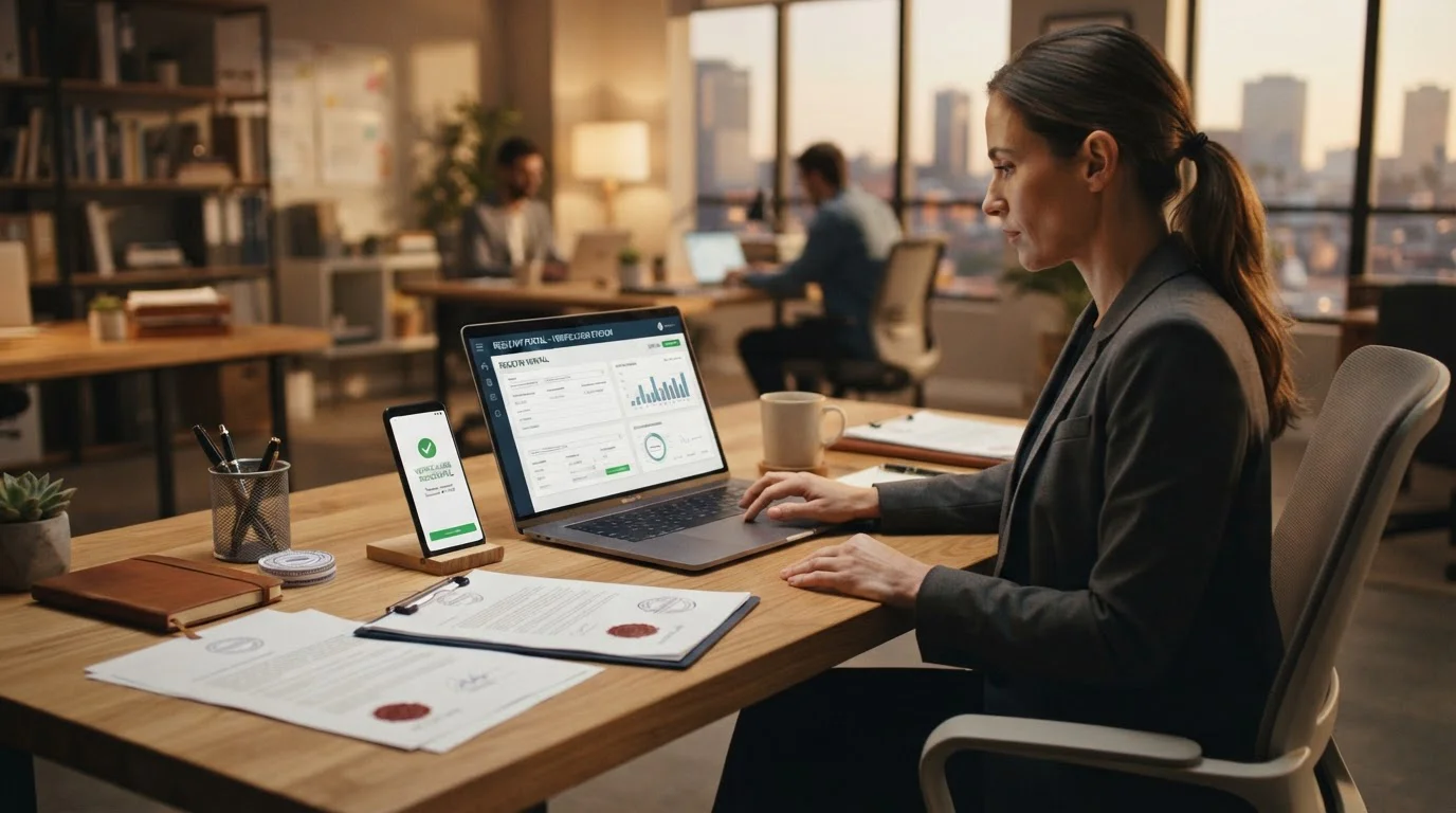 Laptop displaying UKGC register verification interface with official licensing documents