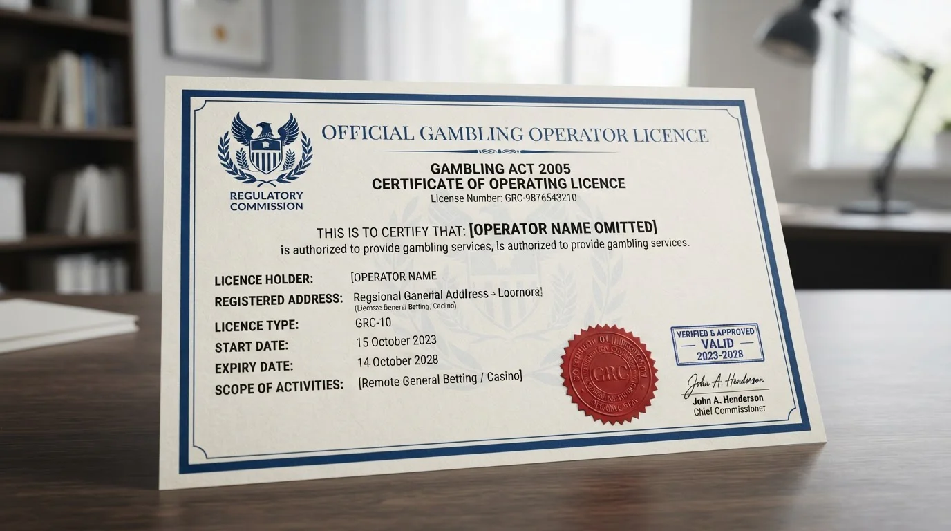 UKGC licence certificate document with verification seal and regulatory compliance indicators
