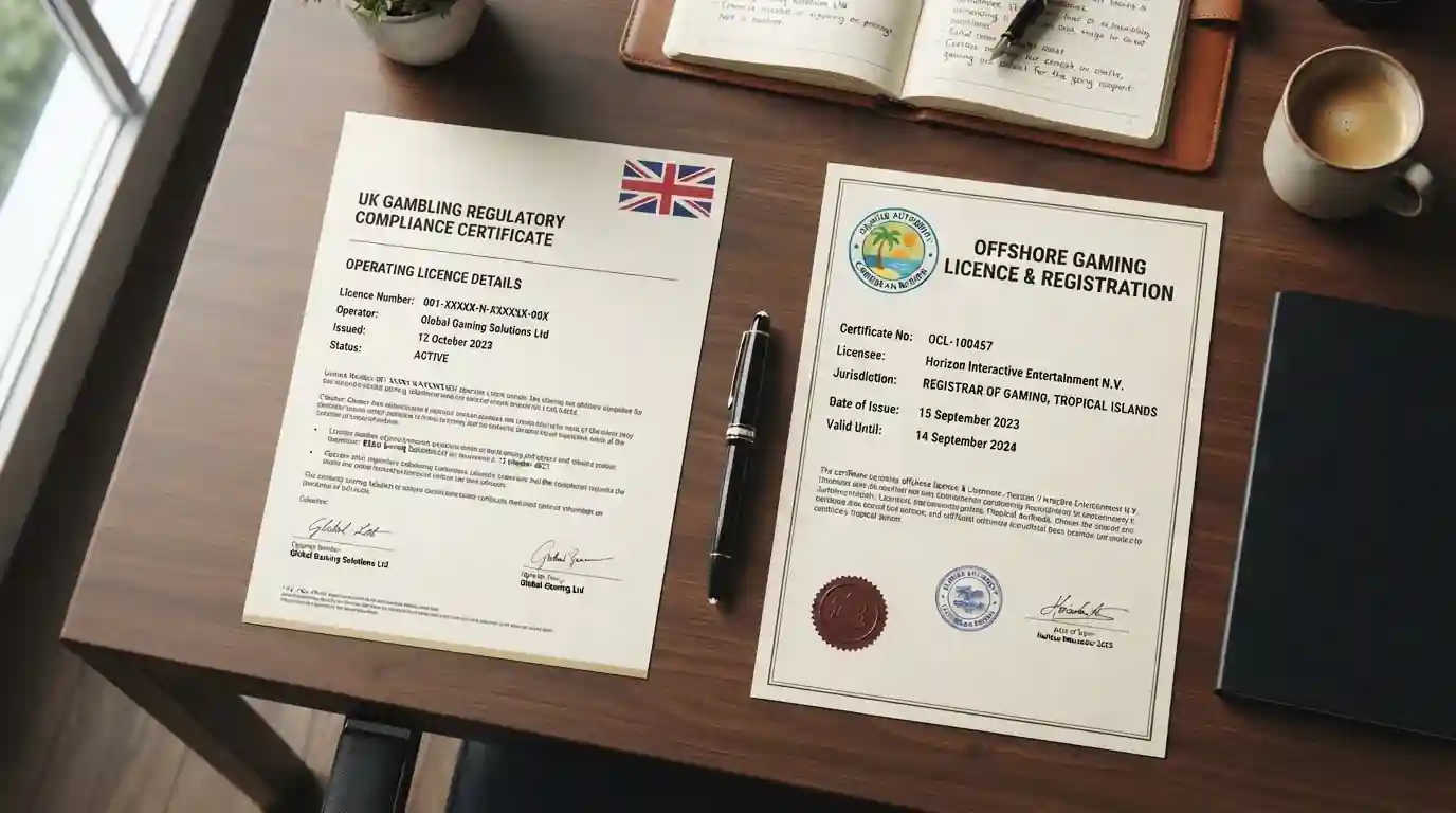 UKGC gambling licence document next to Curaçao licence certificate on desk