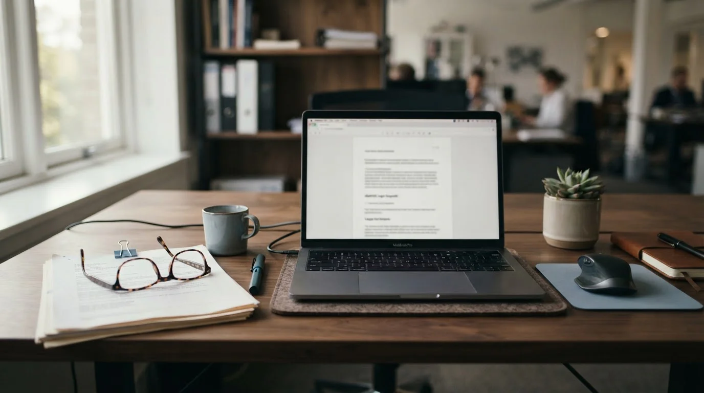 Professional desk with legal documents, laptop, and reading glasses showing regulatory framework