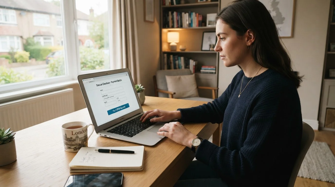 Person at laptop completing online casino deposit transaction securely
