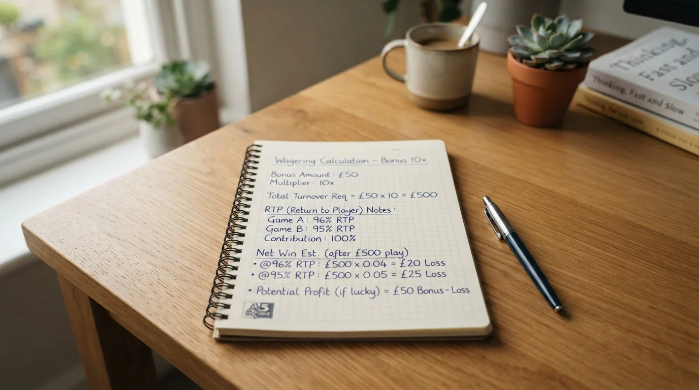 Notepad with handwritten wagering calculation showing bonus amount and turnover requirement