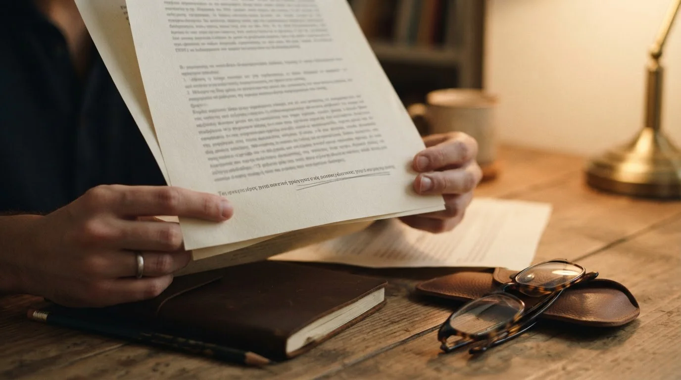 Hands holding printed promotion terms with one clause underlined in pencil