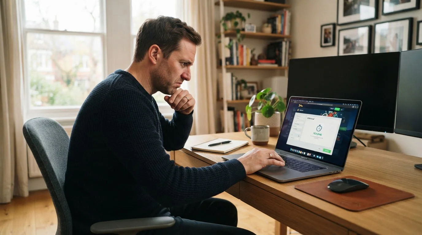 Person at desk reviewing casino withdrawal pending status on laptop screen