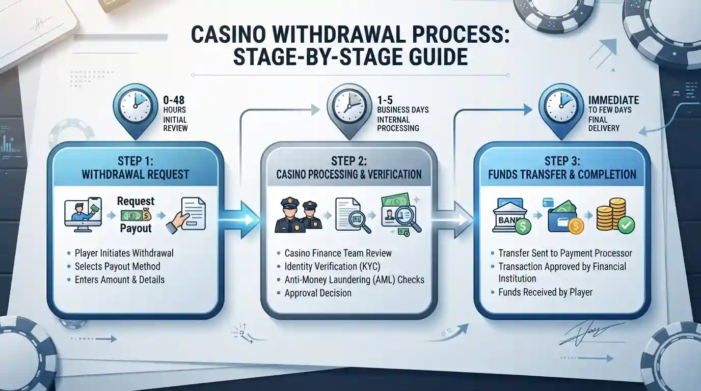 Timeline diagram showing casino withdrawal process stages